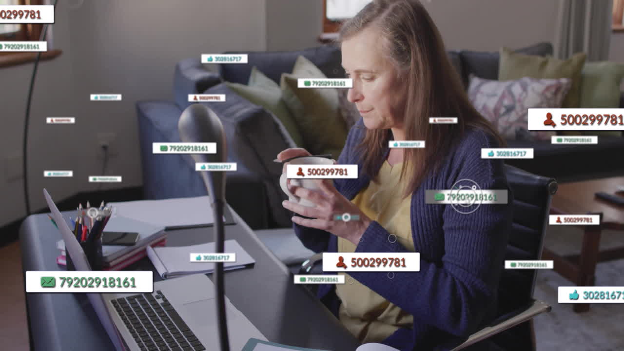 Woman holding mug at home office desk with social media icon overlays showing marketing stats