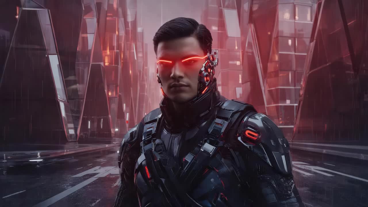 Uomo cyberpunk futuristico in un paesaggio urbano