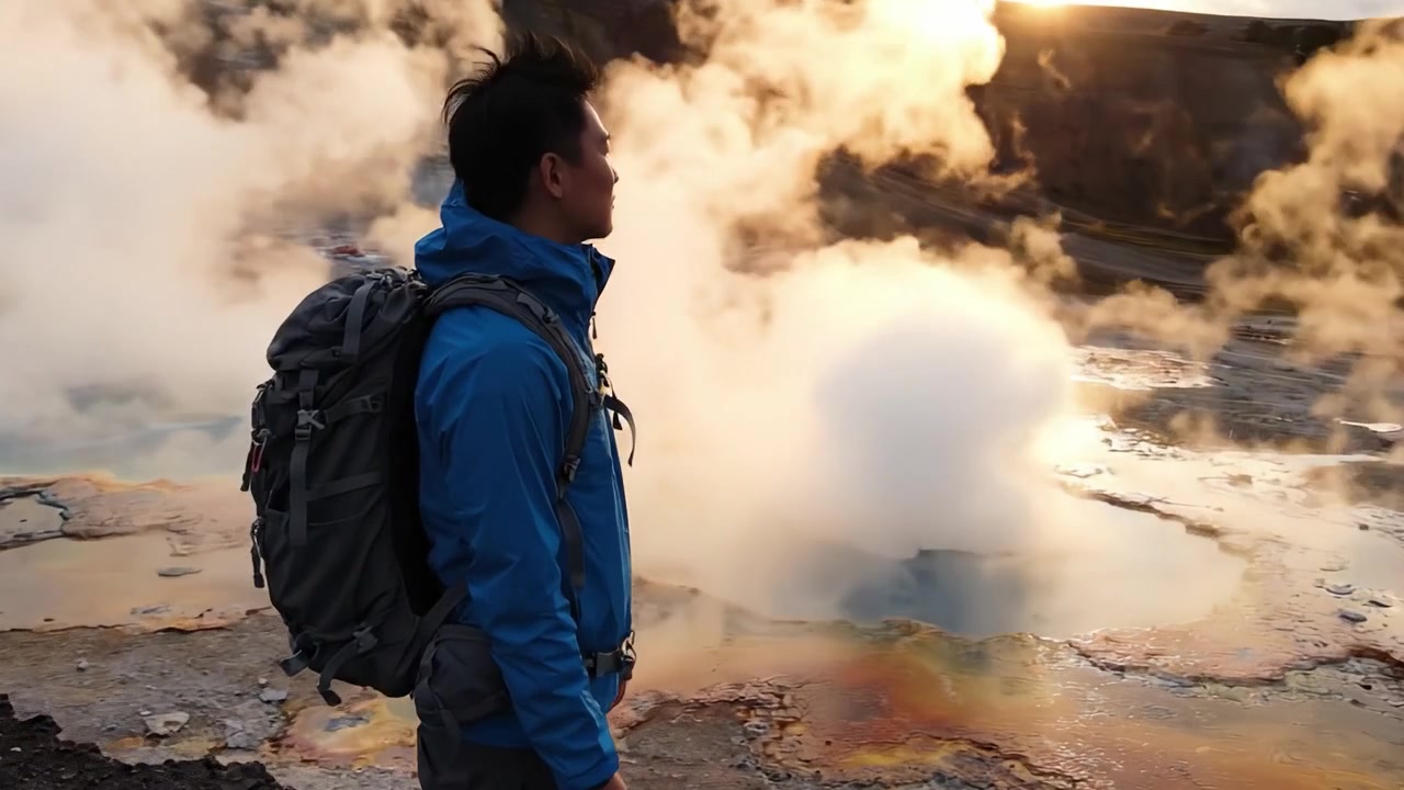 Un escursionista osserva un paesaggio geotermico fumante all'alba, affascinato dai colori vivaci e dall'eruzione dei geyser in un ambiente naturale remoto.
