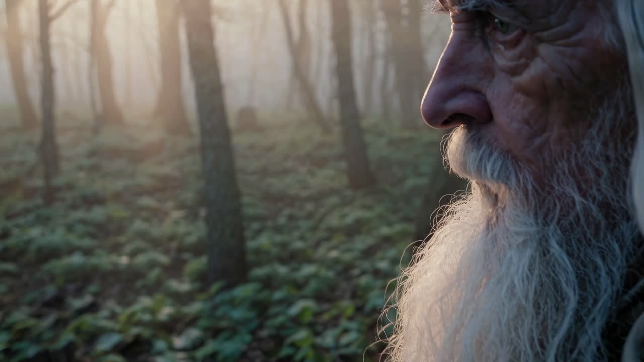 Close-up side profile of an elderly man with a long beard in a misty forest, captured at eye level