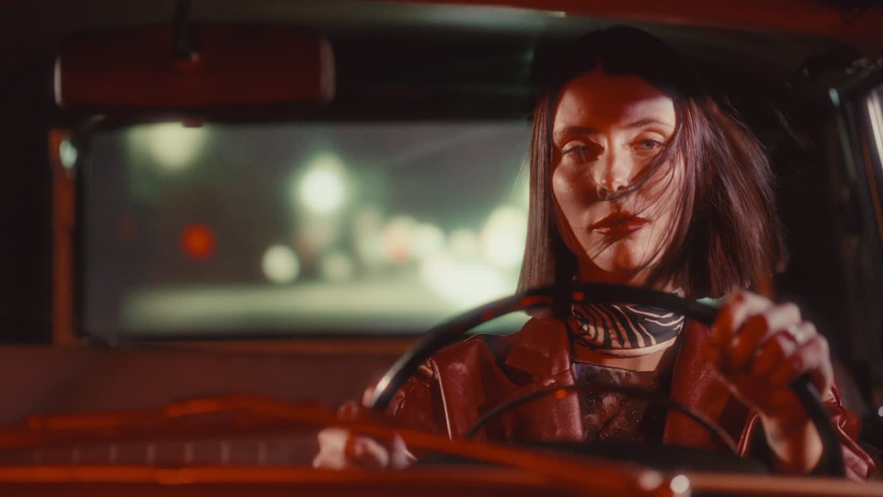 Portrait of Self-Confident Woman Driving through Urban Streets at Nighttime