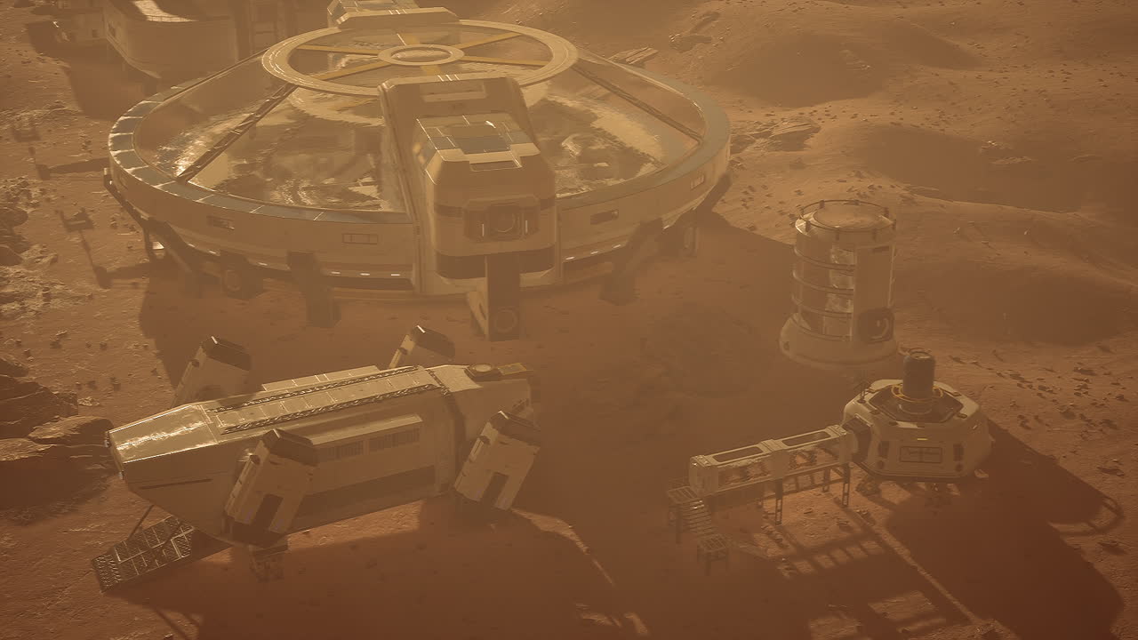 Mars base with advanced structures for exploration and research