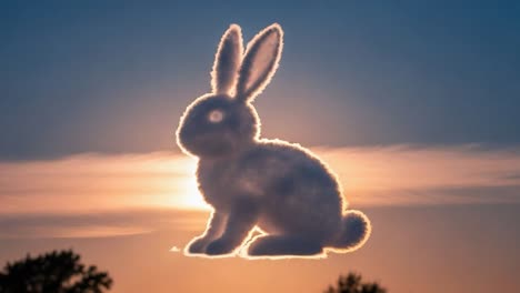 a magical sunset: a rabbit-shaped cloud illuminates the sky with its silhouette against the beautiful background of dusk