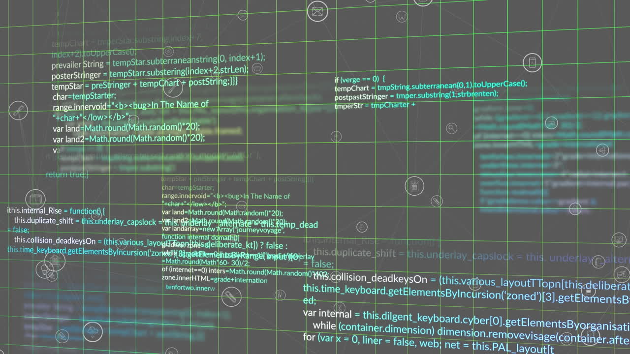 animación de patrones de cuadrícula, iconos y lenguaje informático multicolor sobre fondo negro