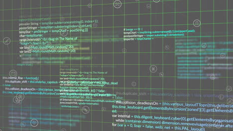 animación de patrones de cuadrícula, iconos y lenguaje informático multicolor sobre fondo negro