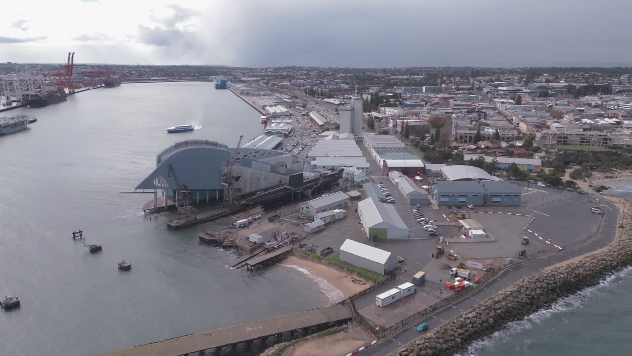 Aerial footage advancing along the road to South Mole lighthouse towards the WA Maritime Museum in Fremantle, Perth, Western Australia