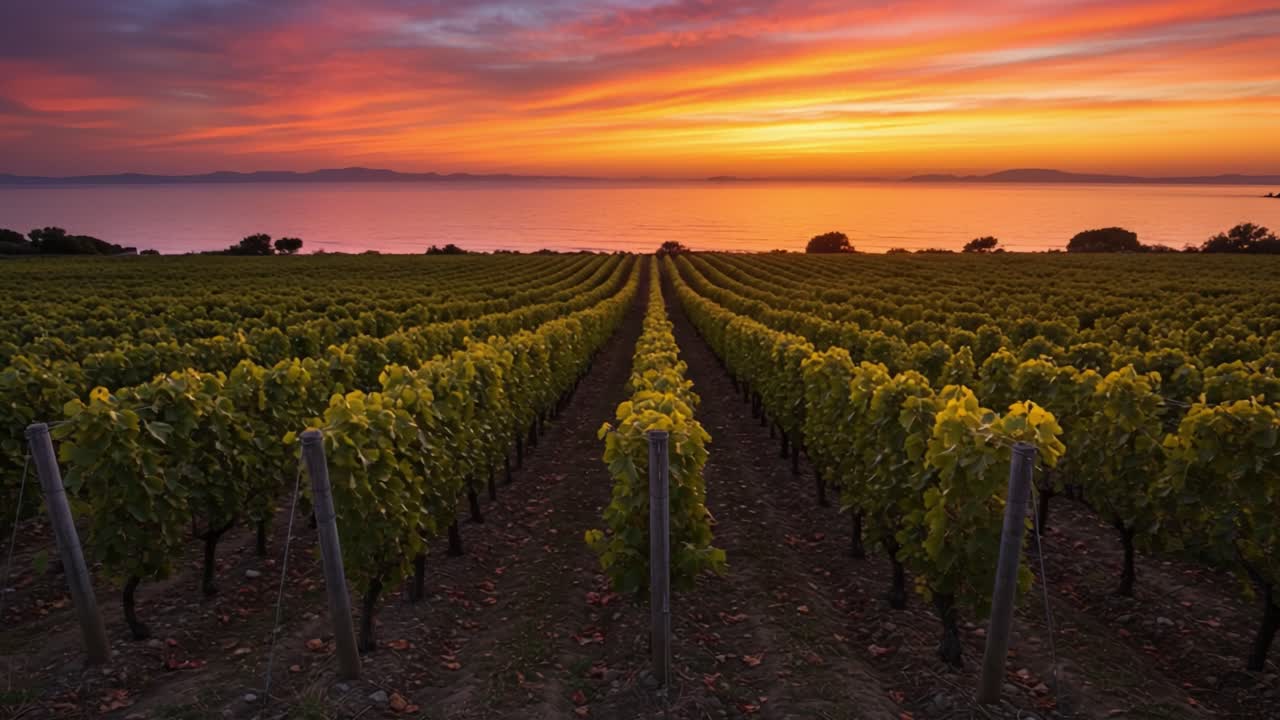 A Breathtaking Sunset Over Lush Vineyard Rows by the Tranquil Waters, Capturing the Beauty of Nature’s Palette in a Serene Evening Landscape