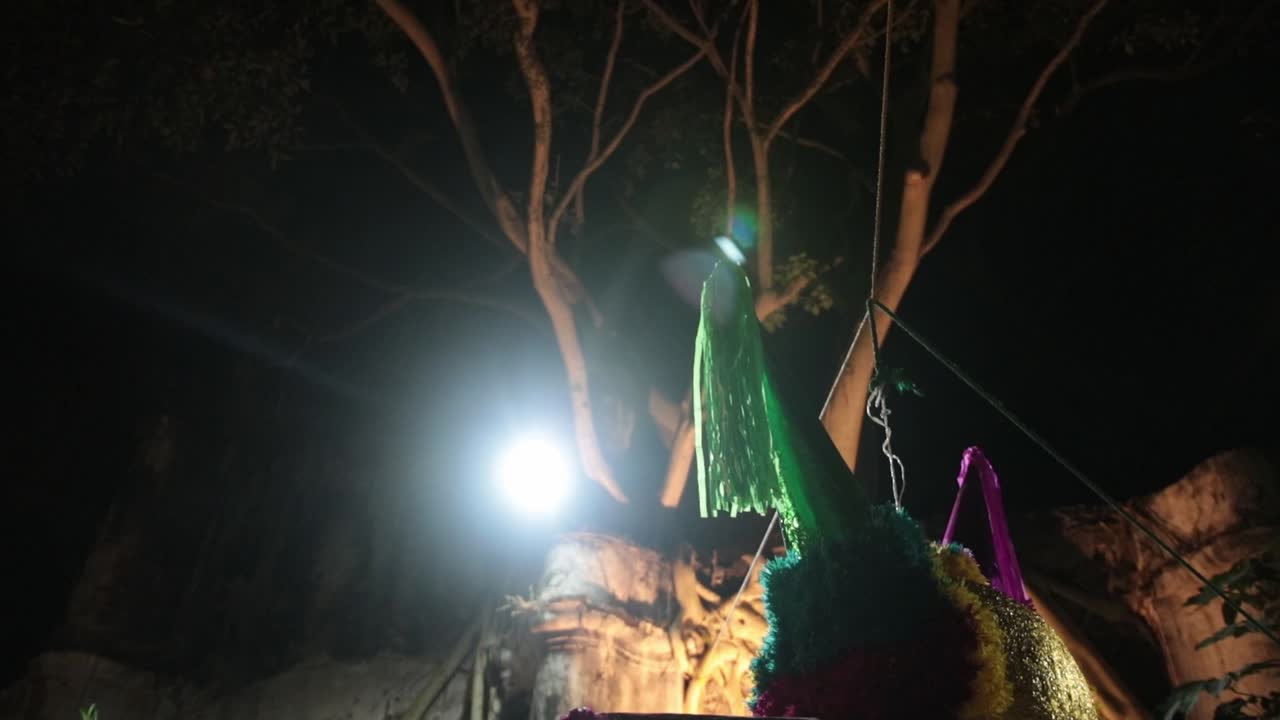 lento disparo revelador de una pinata de estrella mexicana colorida colgando de una rama