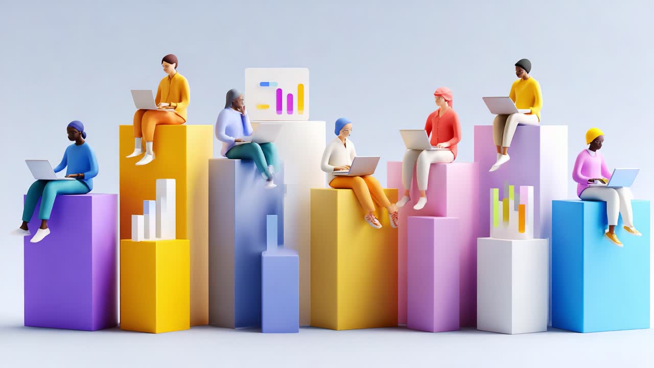 A diverse group of individuals engaged in digital work, analyzing data on laptops while seated on vibrant geometric shapes that symbolize growth and progress in a modern workspace