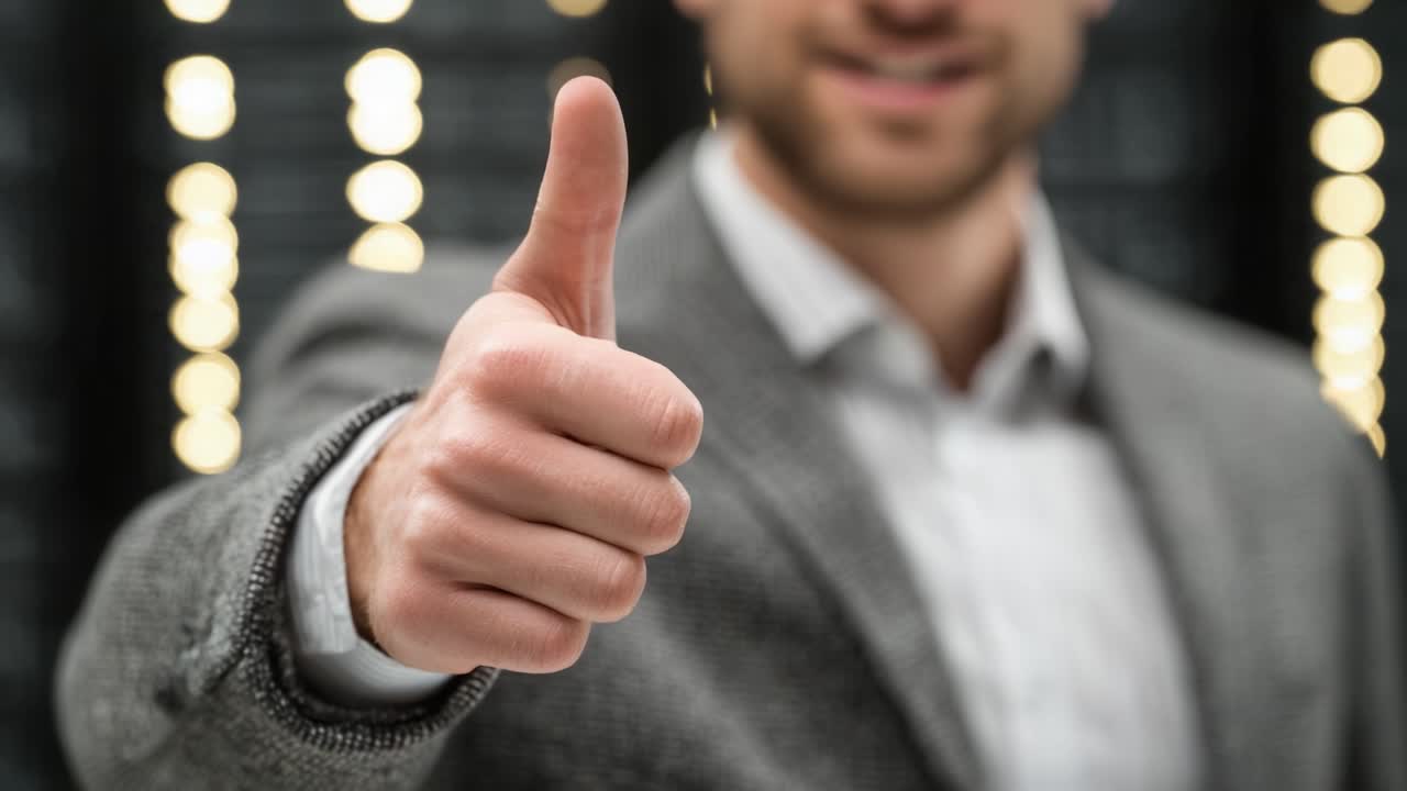 A Confident Gesture of Approval: A Man's Thumbs-Up Signifying Achievement and Positivity in a Professional Setting