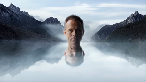 man's head in a calm mountain lake with reflection