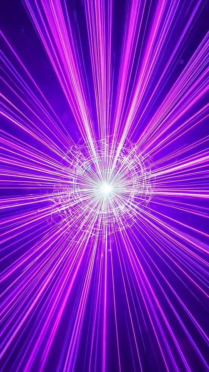 Vertical video: Emerging white-blue core driving radial lights pulsing at void with mesh and specks