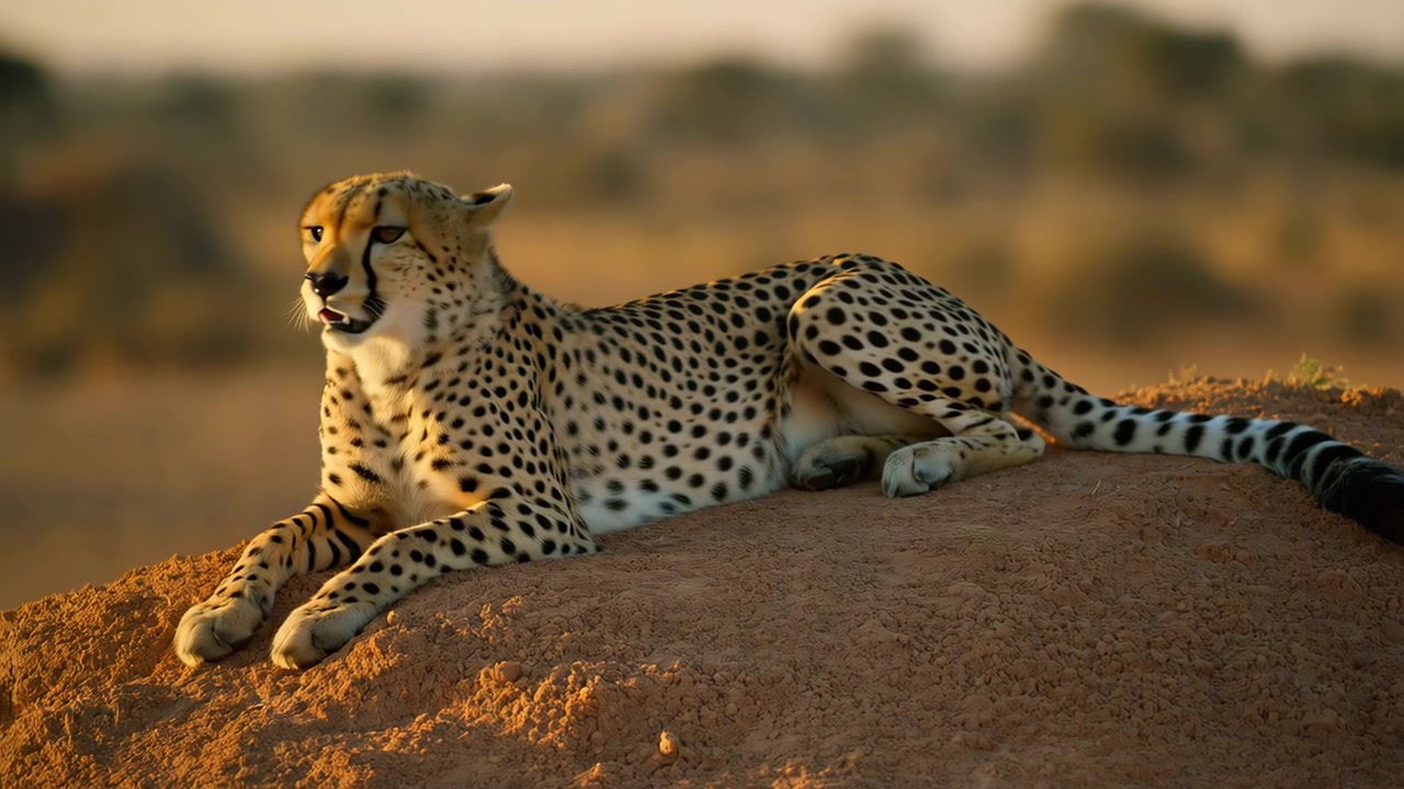 Ein erwachsener Gepard liegt auf einem rötlichen Sandhügel in einem trockenen Savannen-Habitat, der Kopf leicht nach links gedreht, die Zunge aus dem leicht geöffneten Maul gestreckt, was ruhige Erholung, wachsamen Blick und hitzebedingtes Hecheln zeigt.