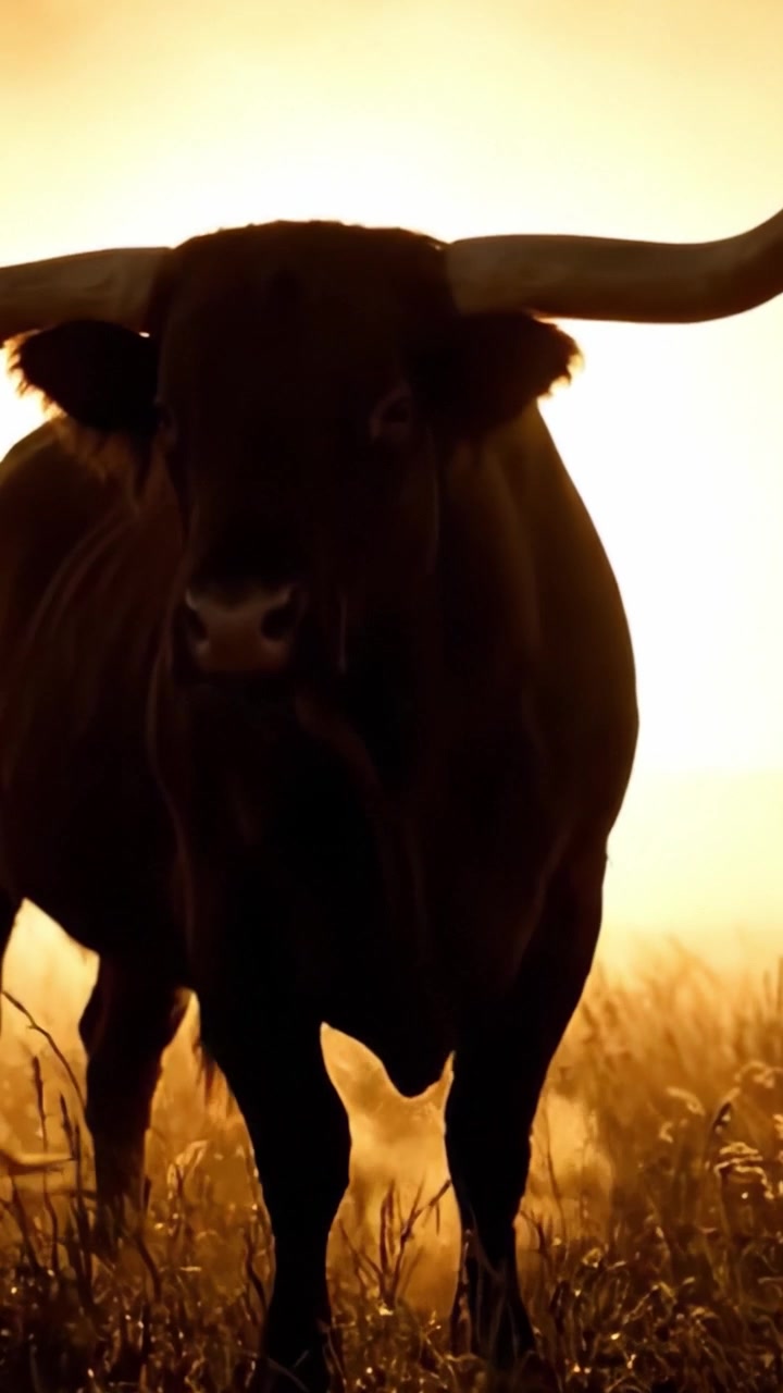 Una Maestosa Silhouette di un Toro Contro un Tramonto Dorato, Catturando l'Essenza della Bellezza della Natura e la Forza del Bestiame in un Ambiente Sereno