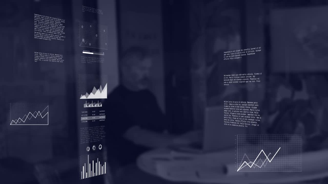 animación de la interfaz con el procesamiento de datos estadísticos contra el hombre usando una computadora portátil en la oficina