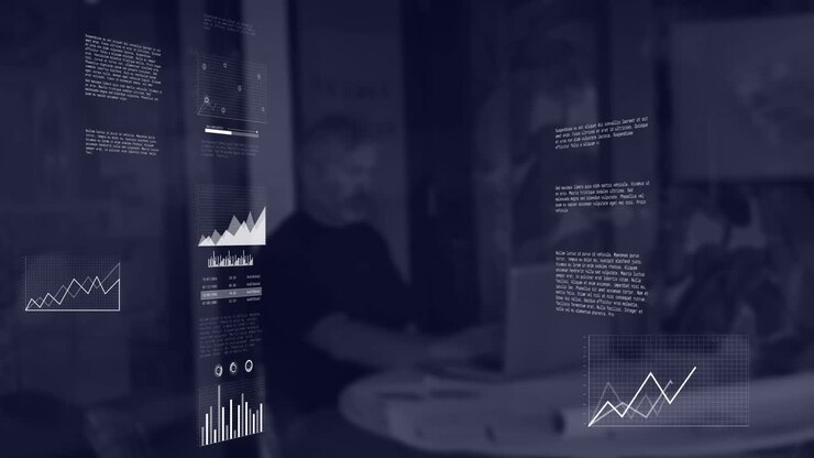 Animation of interface with statistical data processing against man using a laptop at office