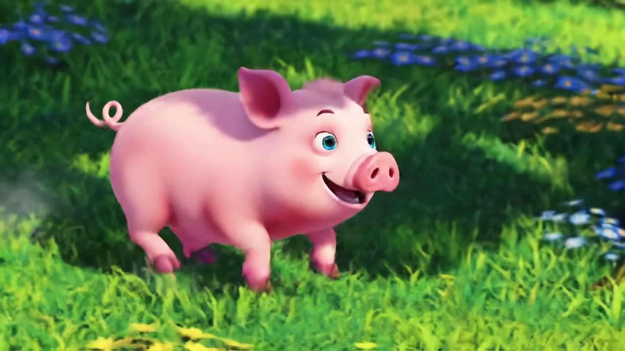 Cheerful Animated Piglet Enjoying a Sunny Day in a Colorful Meadow Filled with Flowers, Exhibiting Joyful Expressions and Playful Energy Throughout Its Adventures.