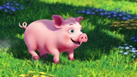 cheerful animated piglet enjoying a sunny day in a colorful meadow filled with flowers, exhibiting joyful expressions and playful energy throughout its adventures.