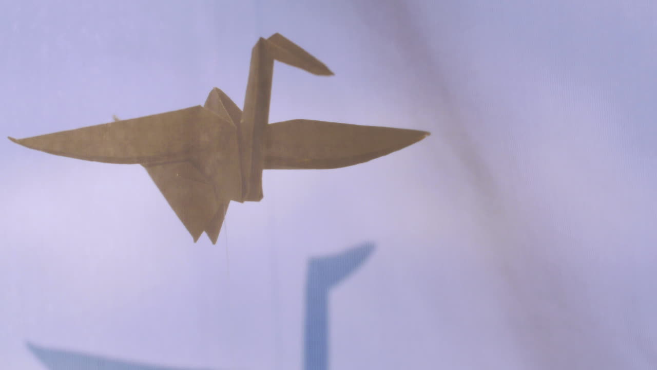 Origami Crane hangs in the window. A thin sheet diffuses the sun as it enters the room. The shadow from the slowly rotating paper bird is cast on the fabric.
