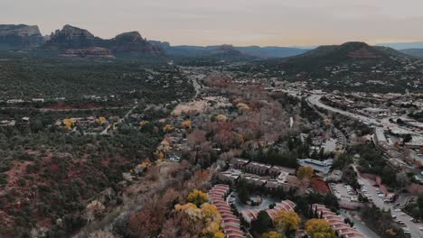 aerial view of fall foliage in downtown sedona at sunset in arizona, usa