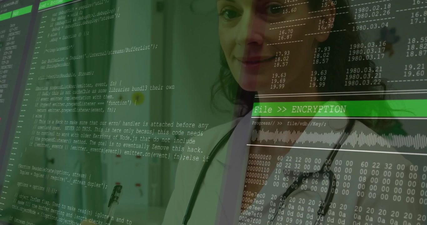 Kvindelig læge holder pen over skrivebord, fremviser krypteringskode for sundhedsdata og et overlay med datatabeller.