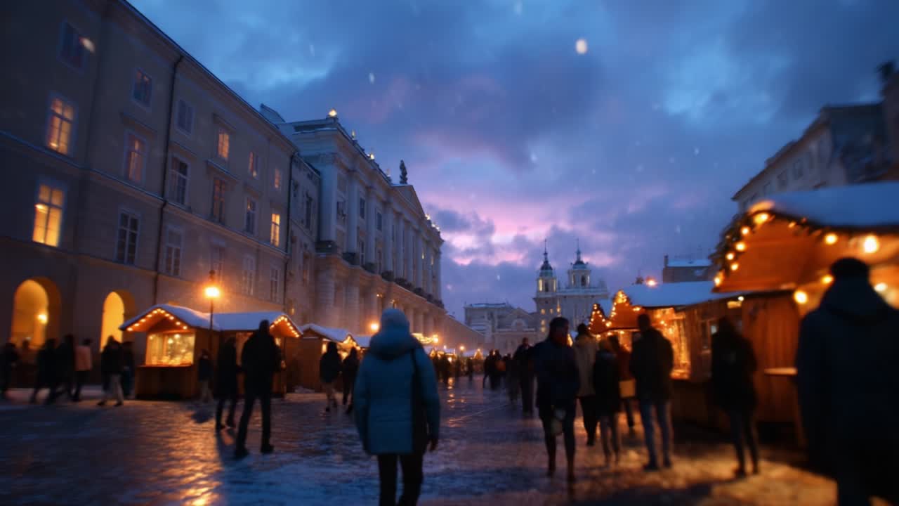 A Winter Evening in a Charming Marketplace Scene with Festive Lights and Snowfall, Capturing the Bustling Atmosphere of Holiday Shopping in a Quaint Town Square During Dusk