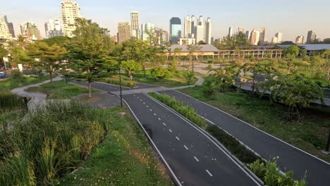 cyclist rides through park with city backdrop