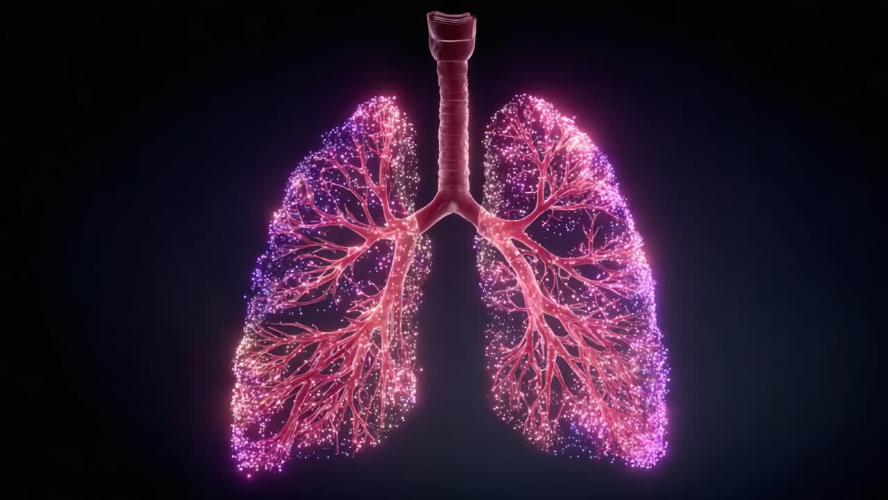 Splendida visualizzazione in 3D dei polmoni umani con un'illuminazione mozzafiato, che mette in mostra l'intricata struttura bronchiale e la rete vascolare in una palette di colori affascinante
