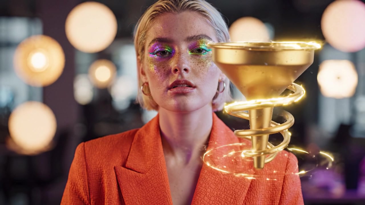 Ein modisches Model in einem orangefarbenen Blazer mit Glitzer-Make-up und ausgefallener Trichtergrafik, vor einem trendigen und farbenfrohen Hintergrund aus hängenden Lichtern