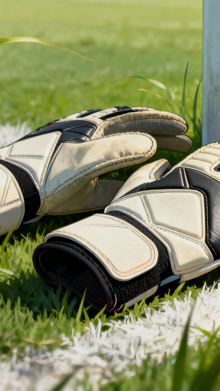 Vertical video: Resting keeper gloves lying on grass by white line and goalpost, breeze stirring