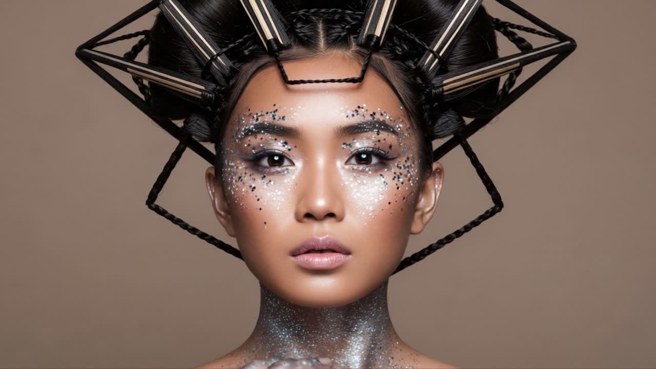Ritratto accattivante di una modella con un'acconciatura elaborata e un trucco scintillante, che mette in mostra la bellezza artistica in una palette di colori sottile ma d'impatto.