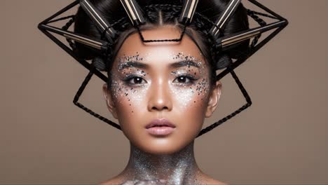 captivating portrait of a model with intricate hair design and sparkling makeup, showcasing artistic beauty in a subtle yet striking color palette