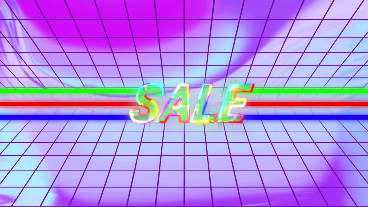Colorful SALE text glowing in vibrant neon on retro grid background animation