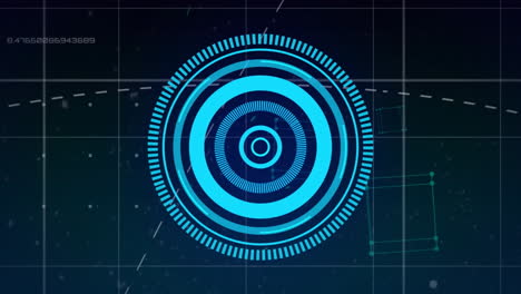 animación del procesamiento de datos y el escáner redondo sobre la red de rejilla contra un fondo azul