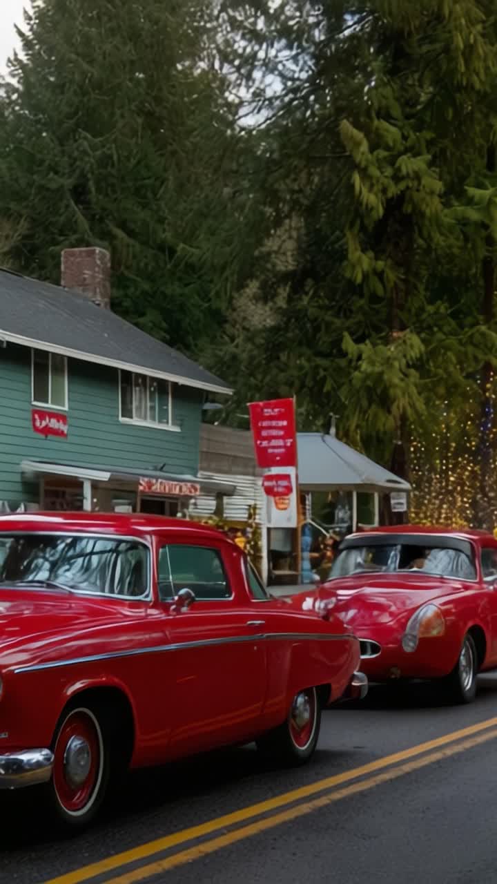 Eine atemberaubende Präsentation roter Oldtimer, aufgereiht vor einer wunderschönen Waldkulisse, mit funkelnden Festtagslichtern, die die malerische Straße erhellen.