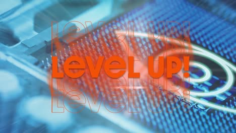Animation-of-level-up-text-in-orange-letters-over-digital-eye-and-computer-processor