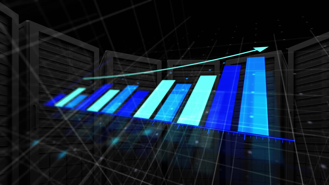 animación de la flecha en el gráfico sobre el patrón de cuadrícula sobre los bastidores del sistema de servidor en el fondo