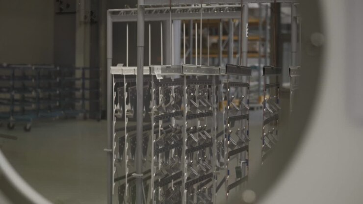 Metal components arranged on storage racks awaiting the powder coating process inside an industrial factory. The footage captures the pre-production stage of manufacturing, highlighting organized mate
