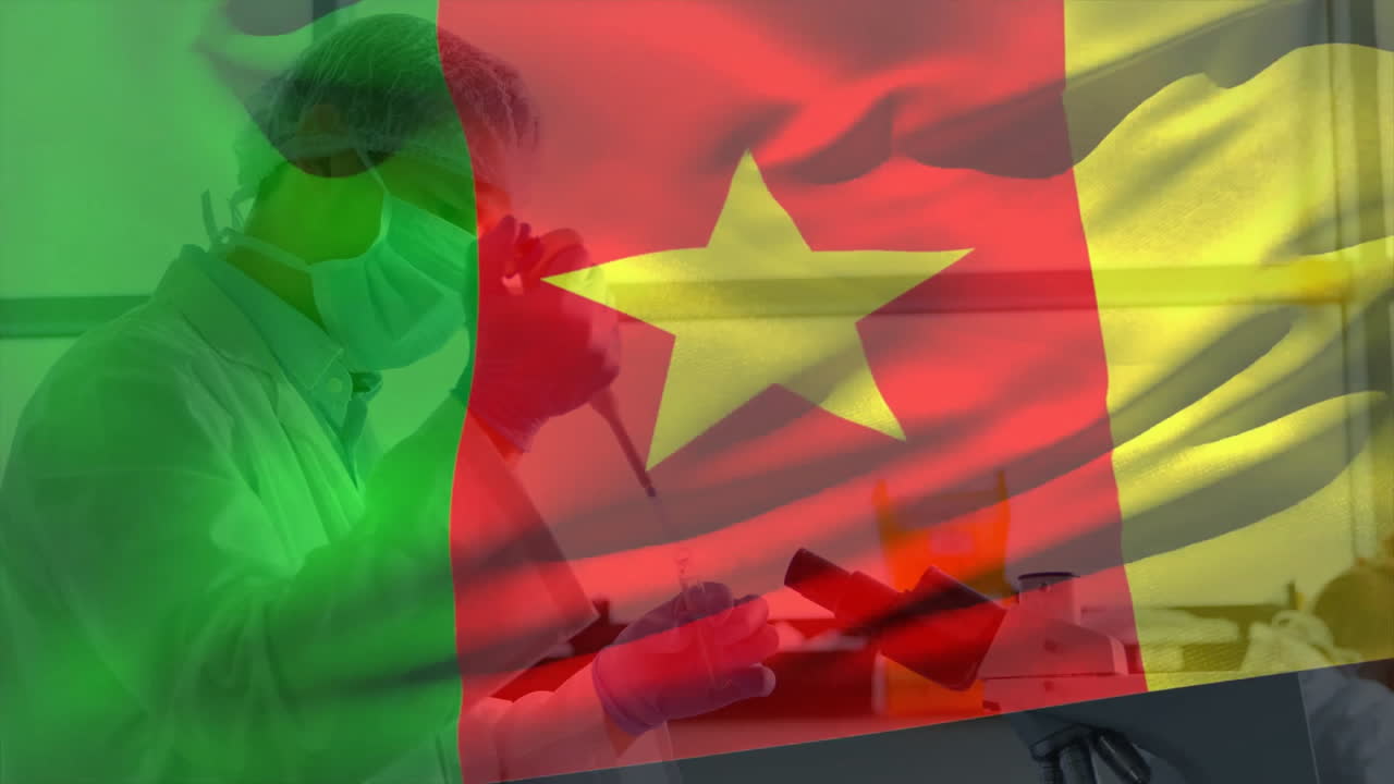 In laboratory, scientist conducting research with Cameroon flag animation overlay
