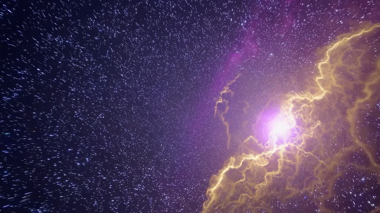 Dynamic video of swirling cosmic energy and stars, captured from a wide-angle perspective