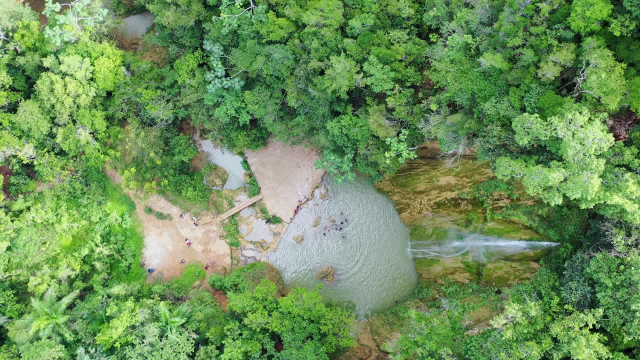 Samana'daki Salto Del Limon Şelalesi'nde turistlerin yüzdüğü gölün havadan yukarıdan aşağıya çekimi - Dominik Cumhuriyeti'ndeki Güzel Yağmur Ormanları.