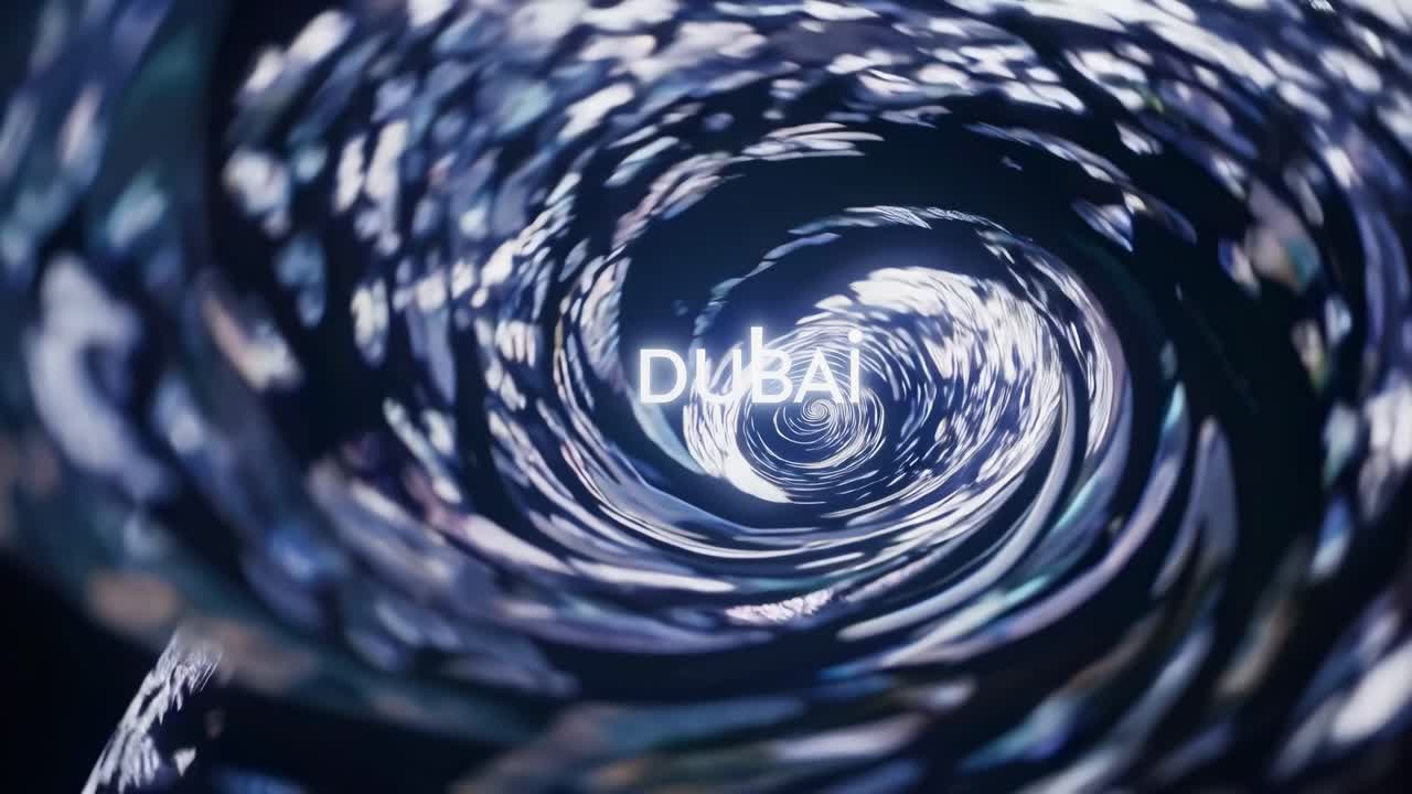Mesmerizing vortex forming the Dubai skyline within swirling patterns against a dark backdrop, creating a futuristic and abstract representation of the city's dynamic essence
