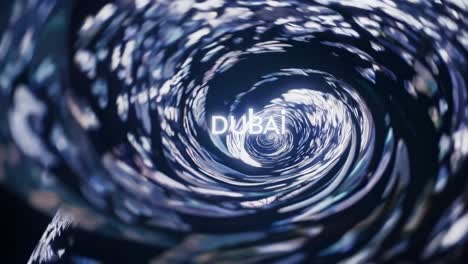 mesmerizing vortex forming the dubai skyline within swirling patterns against a dark backdrop, creating a futuristic and abstract representation of the city's dynamic essence