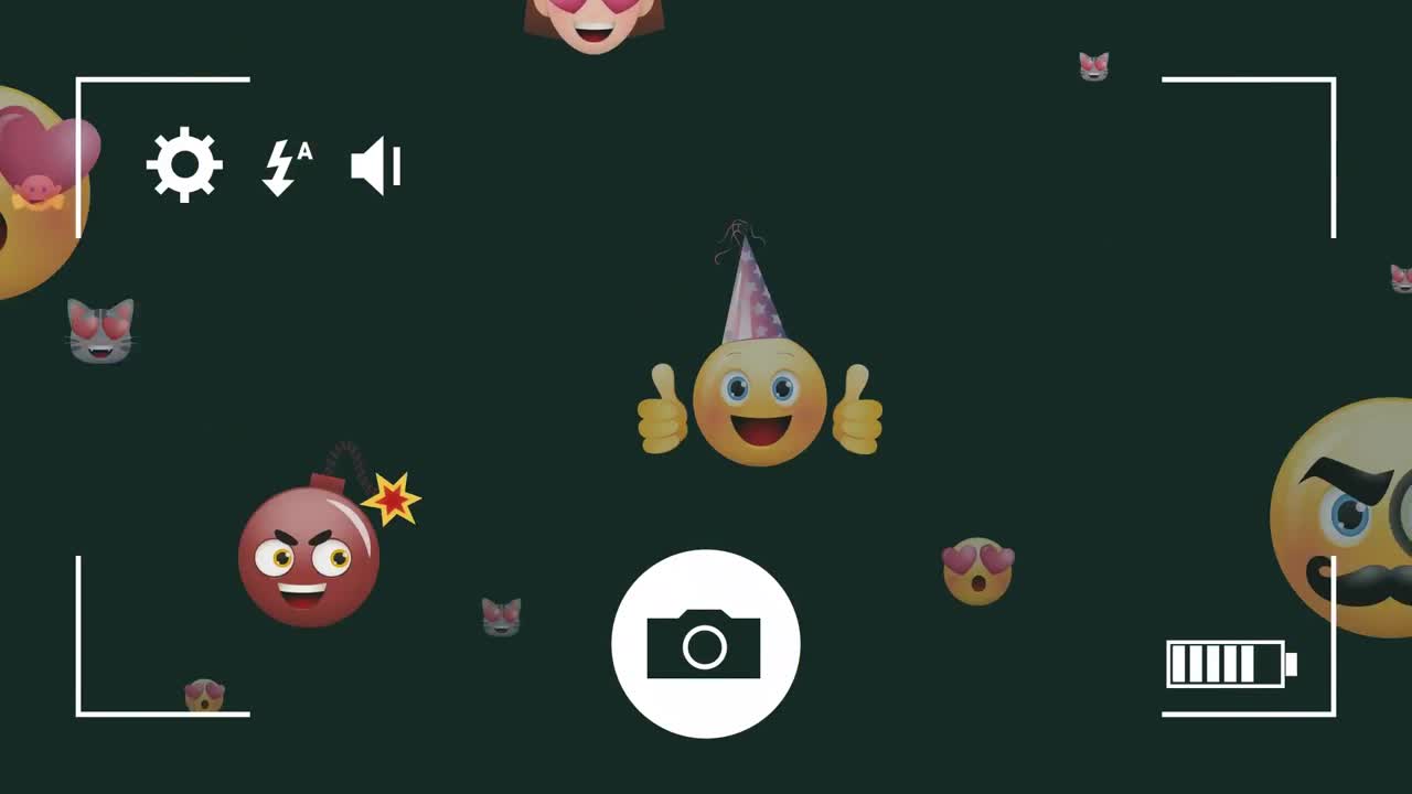 카메라 인터페이스의 디지털 애니메이션 여러 얼굴 이모티콘이 회색 배경에 떠다니고 있습니다.