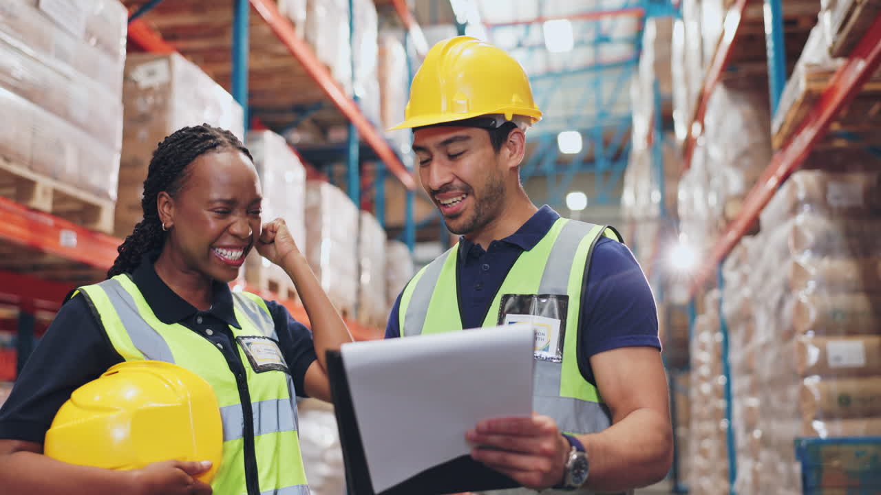 Warehouse workers collaborating on inventory management
