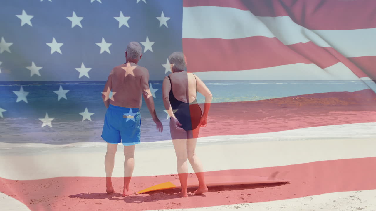 여름에 해변에 있는 백인 고위 부부 위에 있는 미국 발의 애니메이션