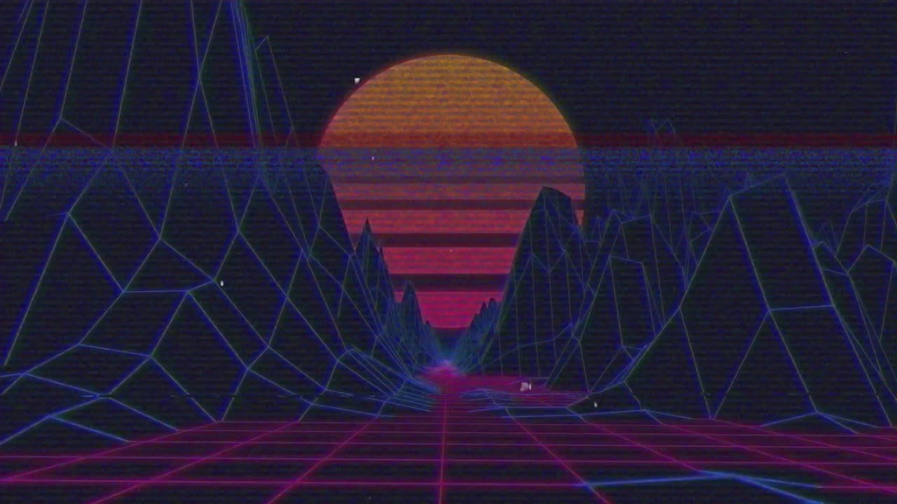 animación de líneas de distorsión, sobre un paisaje negro en movimiento con sol naranja