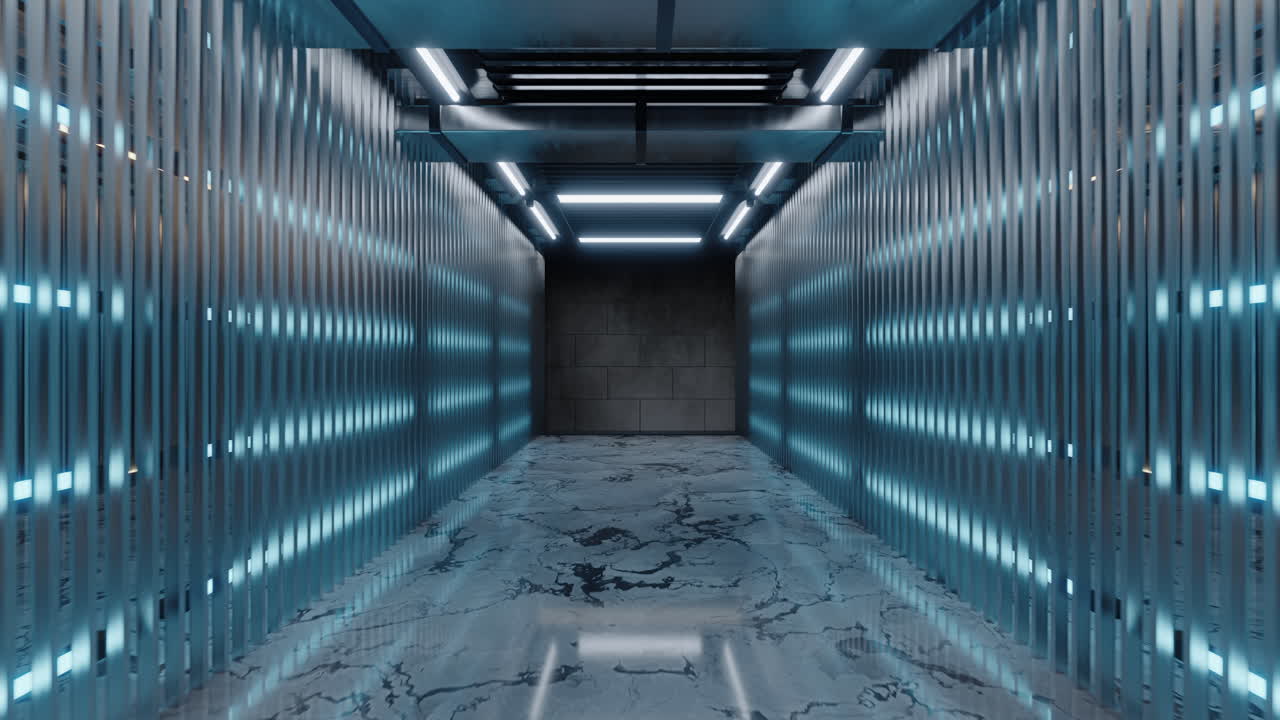 edificio oscuro con iluminación de neón, renderización en 3d.