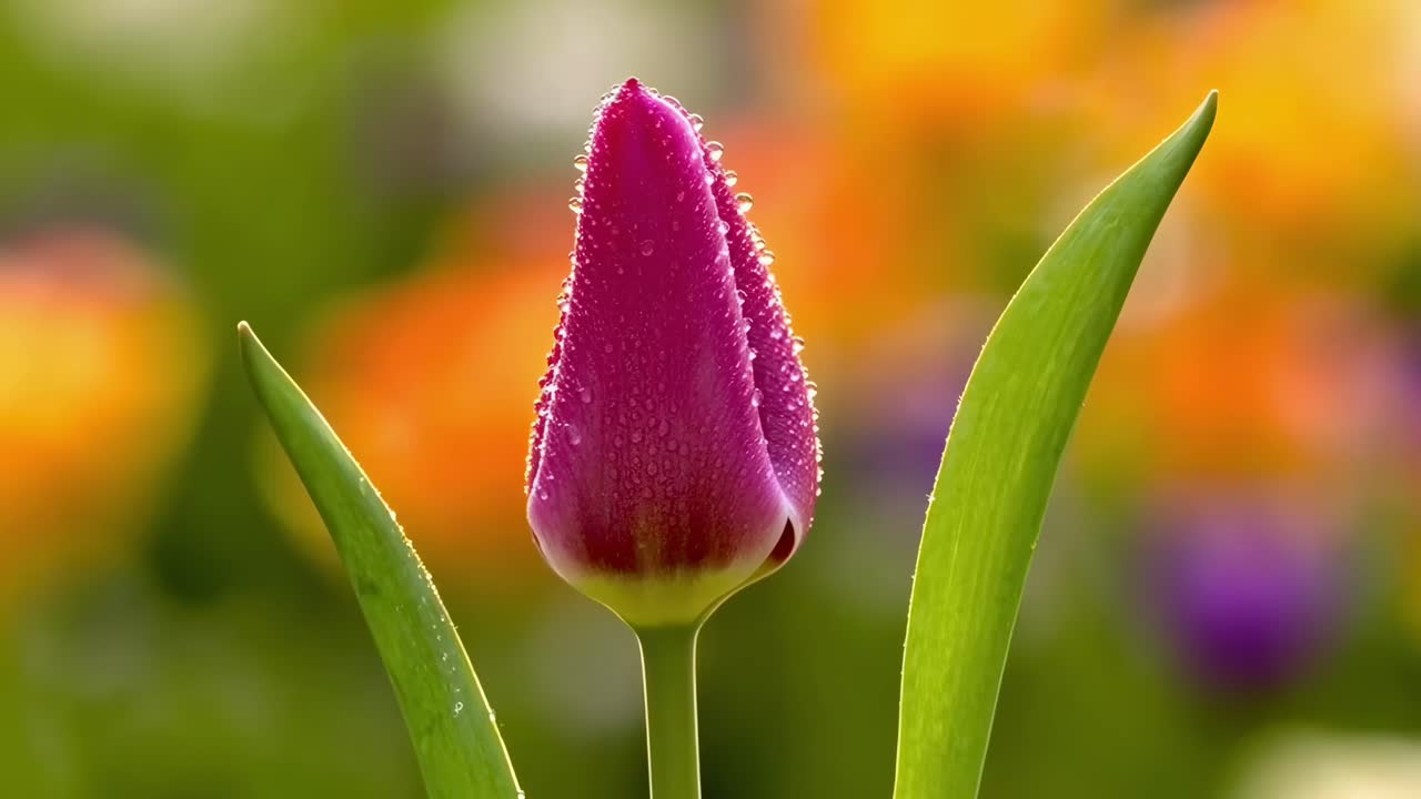 Lähikuva-video kasteisesta tulppaanista, eloisin värein, kuvattuna matalasta kulmasta.