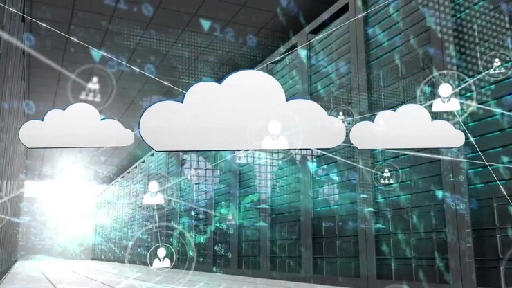 Animation of clouds, network of connections with icons over computer servers
